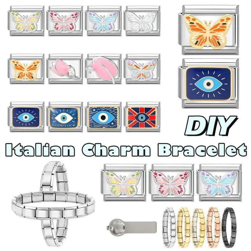 Fashion Drip Glaze Blue Eyes Colorful Butterfly Italian Charm Links Fit 9mm Stainless Steel Bracelet Jewelry DIY Making Beads