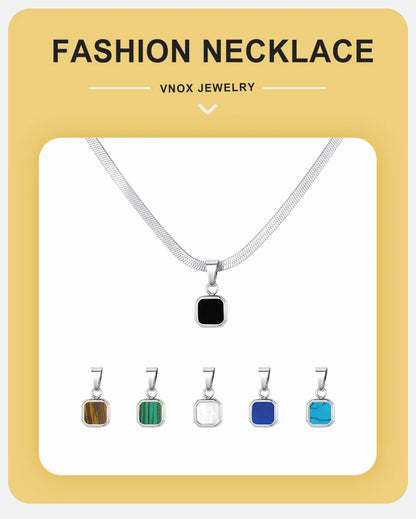 Vnox Geometric Square Natural Stone Pendant Necklace for Men, Gold Silver Color Stainless Steel Blade Chain, Trendy Jewelry Gift