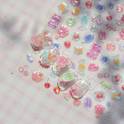 5D Pudding Jelly Dessert Fruit Cherry Pink Claw Print Bowknot Tie knot Love Heart Stars Nail Art Sticker Adhesive Manicure Decal
