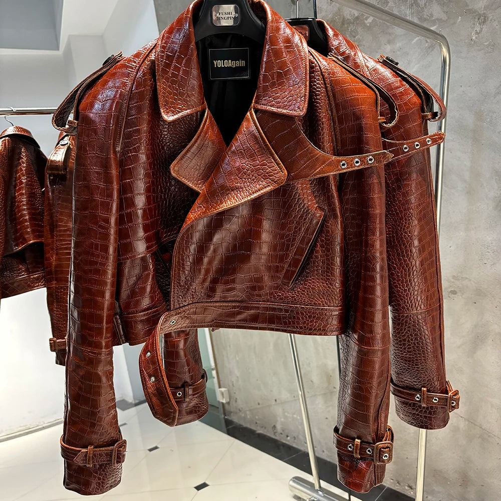 YOLOAgain Wide Shoulder Real Leather Jacket Women Oversized Genuine Leather Cropped Jacket