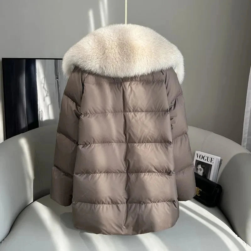 High end Faux Fox fur detachable Large Lapel fur Down Jacket For women 2025 Winter New Medium long Loose White goose Down Coats