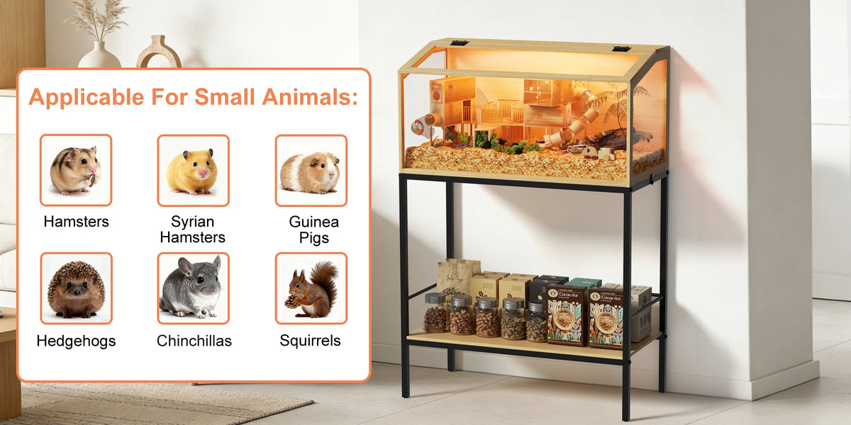 Large Wooden Hamster Cage Clear Tempered Glass Pet Small Animal Habitat Cage Playful Hutch House