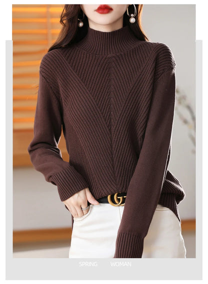 Women 100% Cotton Knit Sweater Half-high Collar Stripe Pullover Autumn Winter Thickened Bottoming Clothing Casual Knitted Tops