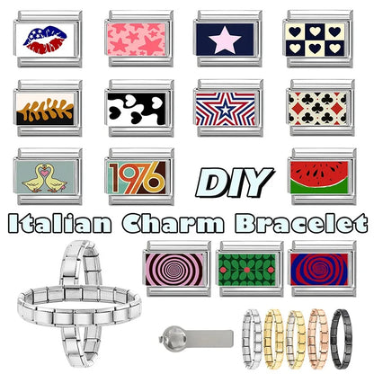 2026 Women Colored Star 1976 Eyes Heart Swan Watermelon Charms Italian Links Fit 9mm Bracelet Stainless Steel DIY Making Jewelry