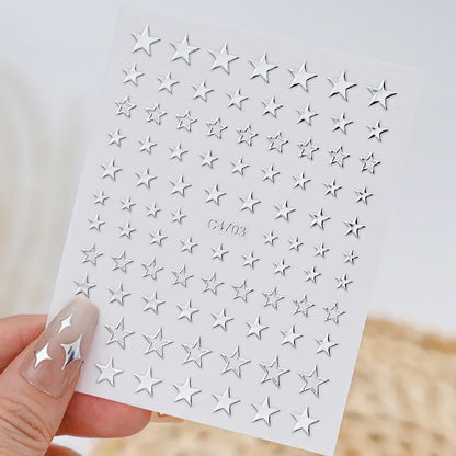 Metal Silver Nail Stickers Metallic 3D Star Nail Art Stickers Decals Self-Adhesive Nail Art Stickers Metal Chain Heart