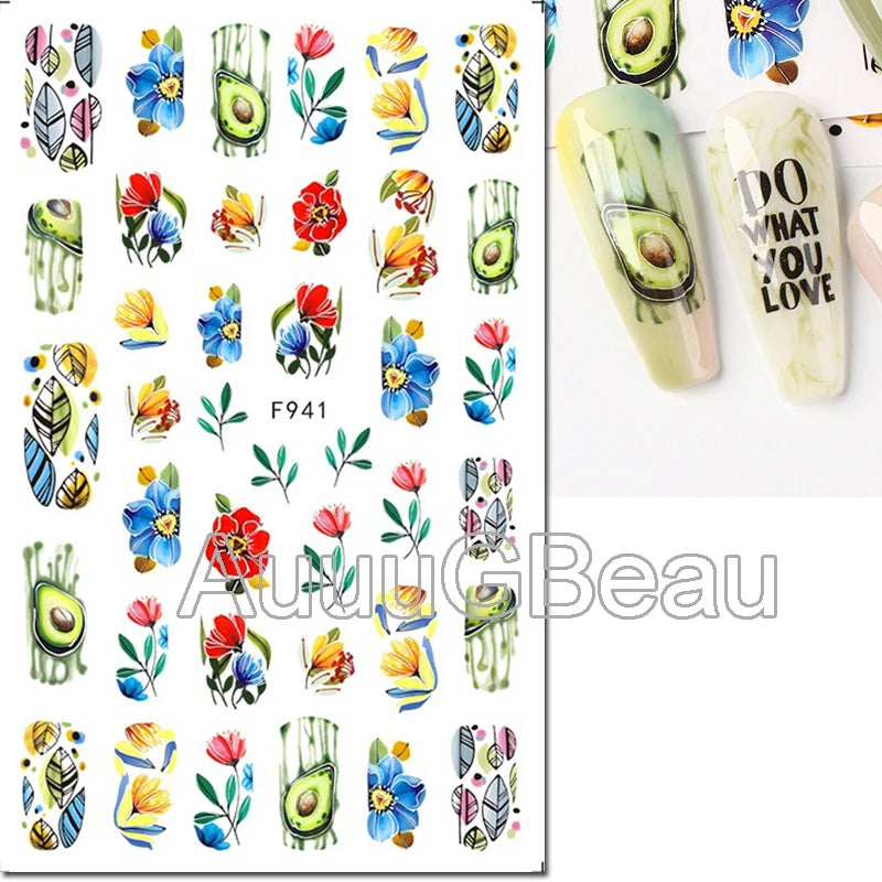 3d Nails Art Decals Spring Fruits Pink Full Tips Peony Magnolia Flowers Adhesive Sliders Stickers Decoration For Nails Manicure