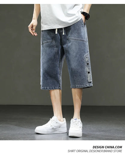 Korean Style Men's Long Shorts 3/4 Length Denim Bermuda Male Big Plus Large Size Jeans Fashion Below Knee Streetwear Loose Baggy