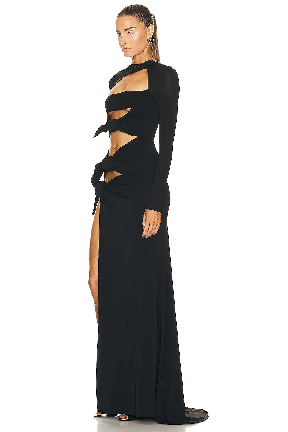 Sexy Hollow Out High Side Split See Through Mesh Long Sleeve Maxi Dress Luxury Brithday Prom Gown Party Club Fashion Dresses