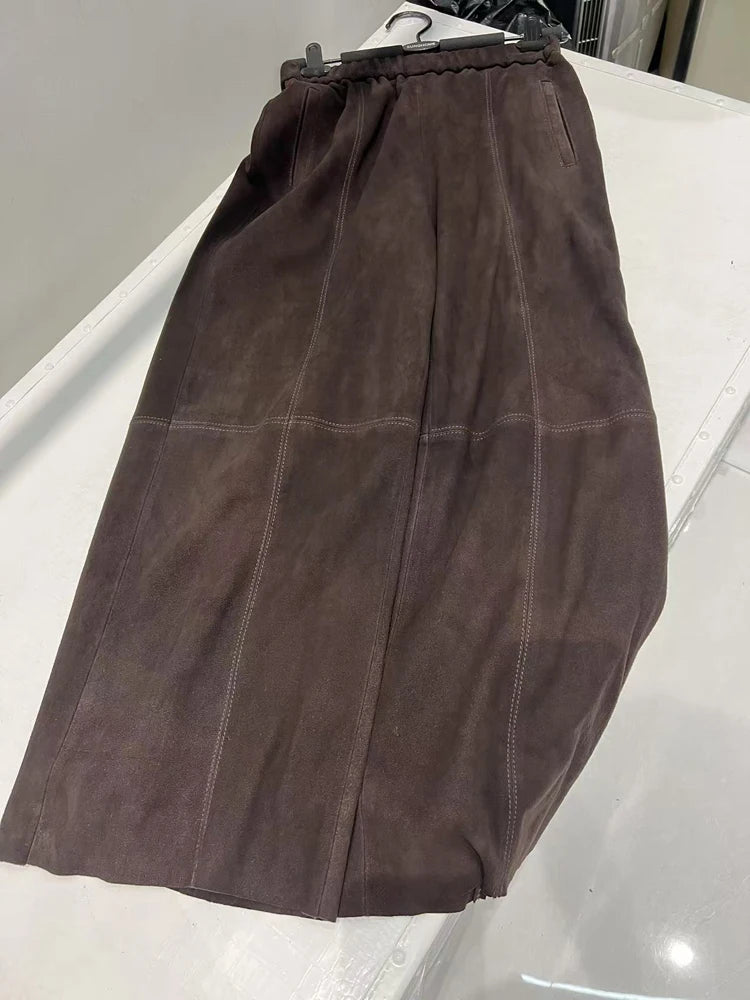 Retro Suede Leather Cropped Pants for Women Femae Genuine Leather Wide Leg Floor Long Trousers Straight Cylinder Spodnie Damskie
