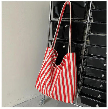 Large Capacity Canvas Women Shopper Tote Simple Striped Shoulder Bag Female Casual Multifunctional Travel Top-handle Handbag