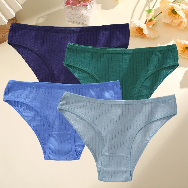 4PCS/SET Women's Cotton Panties Sexy Soft Striped Underpants 12 Solid Color Briefs Female Comfortable Stretch Lingerie M-XL