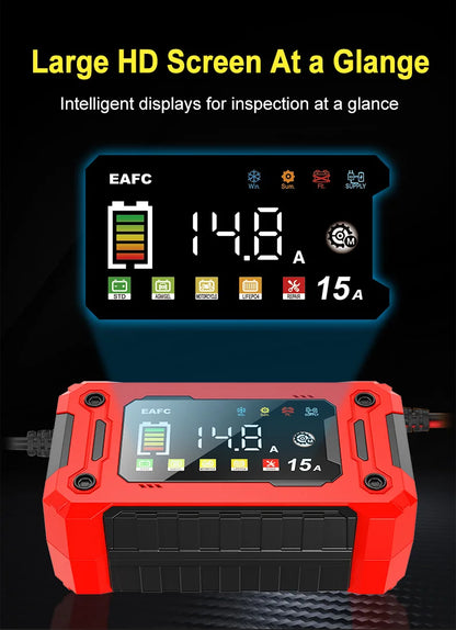 Newest 12V Car Battery Charger 15A/8A Pulse Repair Large Display Smart Charger for Car Motorcycle Lead Acid AGM GEL Batteries