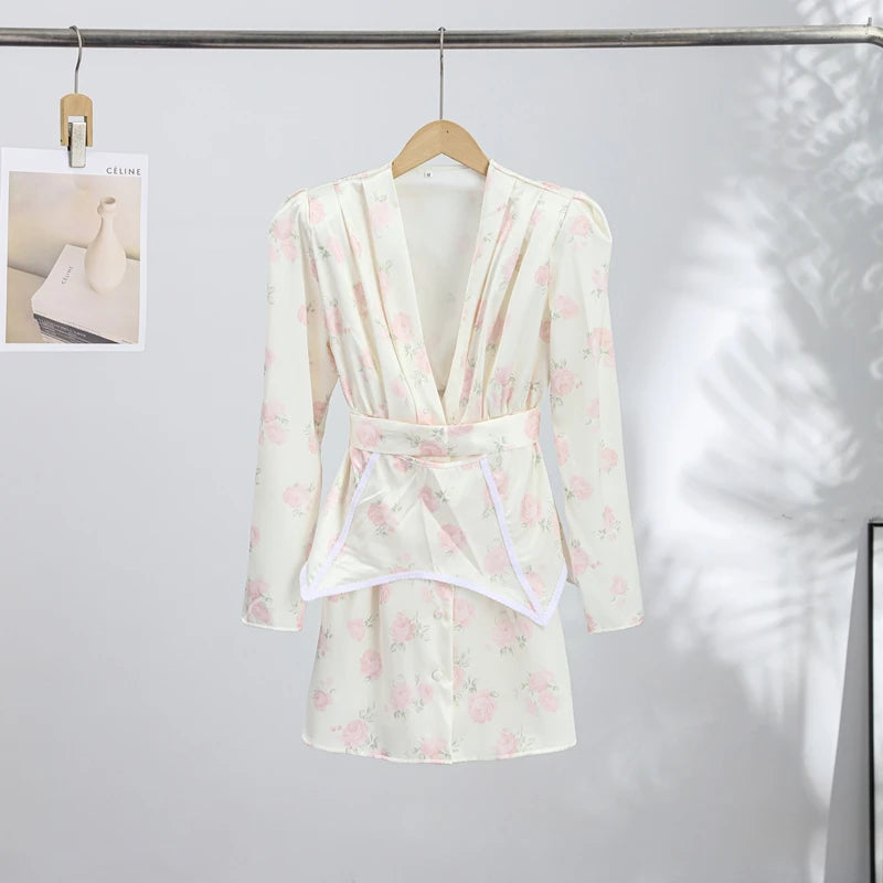 Sexy Women's Dress Deep V-neck Full Sleeve Waistband Two Piece Female Print Floral Sets 2026 Summer Party New Holiday Lady Suit