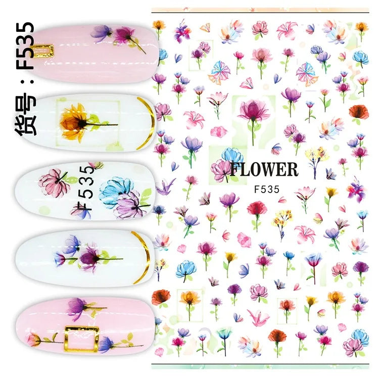 3d Nail Art Decals Watercolor Florals Purple Green Pink Flowers Leafs Fruit Adhesive Sliders Nail Stickers For Manicure