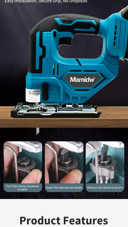 Mamidw Cordless Jigsaw Electric Curve Saw 3000RPM No-Load Speed, 20mm Stroke Length, 45° Tilting Function, Ergonomic Handle, Powered Precision Saw for Wood, Metal, Plastic Cutting, DIY & Professional Use (Tool Only) Compatib