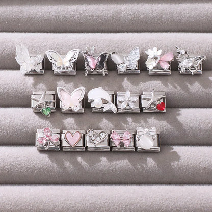 New Shiny Zircon Heart Butterfly Flower Star Bow Italian Charm Links Fit 9MM Stainless Steel Bracelet Girls' DIY Making Gift