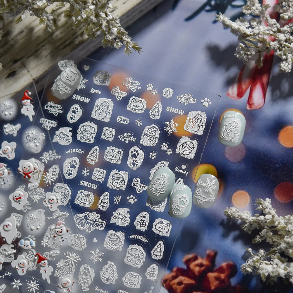5D Embossed Mini Snowman Snow Nail Decorations Stickers Self Adhesive Nail Stickers Winter Christmas Nail Art Accessories Decals