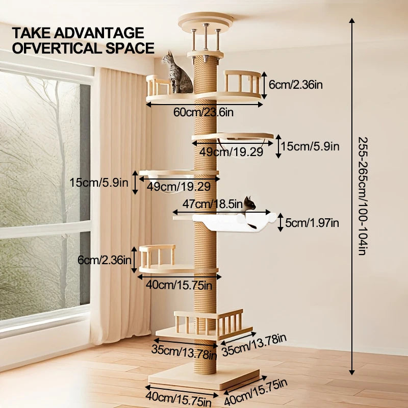 1PC Floor-to-Ceiling Sisal Cat Tree, Multi-Level Design with Hammock, Space Capsule & Observation Perch, Indoor Cat Toy