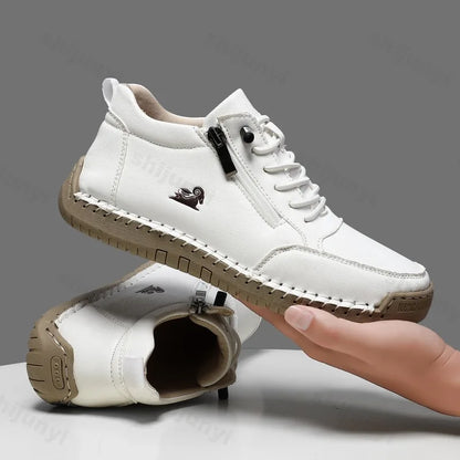 Women Sports Shoes 2026 New Outdoor Hiking Flat Bottomed Comfortable Casual Driving Shoes Soft Sole Zipper Fashion Leather Shoes