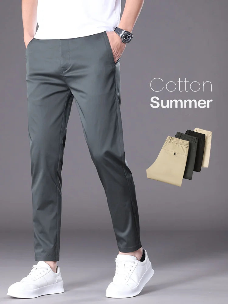 Summer High Quality Cotton Ankle Length Casual Pants Men Business Slim Elastic Waist Jogger Outdoors Korean Work Suit Trousers