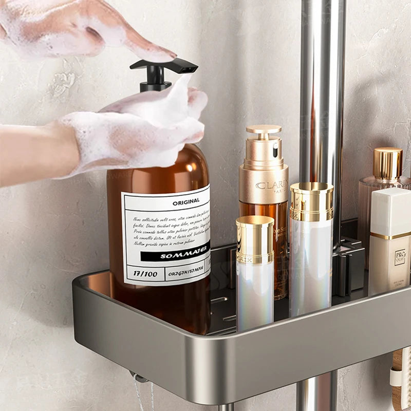 YM No-Drill Installation Bathroom Showerhead Storage Rack Tray Rain Shower Rod Holder Lift Bracket for Bathroom Organization