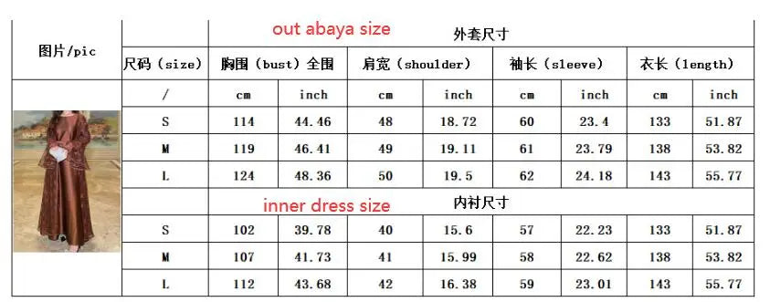 Muslim Women Abaya Dress 2 Piece Set Flare Sleeve Lace Sequin Satin Morocco Caftan Dress Musulman Ensembles Cadigan Outfit Suits