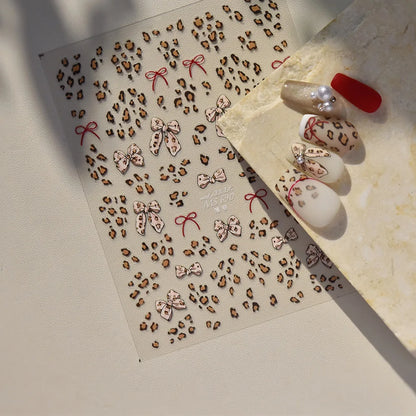 Autumn Winter Leopard Print Bow Nail Art Stickers 3D Thin Tough Nail Sticker Cute Bow Self Adhesive Nails Decorations Decals DIY