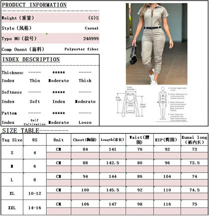 Fashion Women's Jumpsuit New Sexy Zipper Workwear Short Sleeved Lapel Multi Pocket Waistband Bodysuit Pants Female 2024 Summer