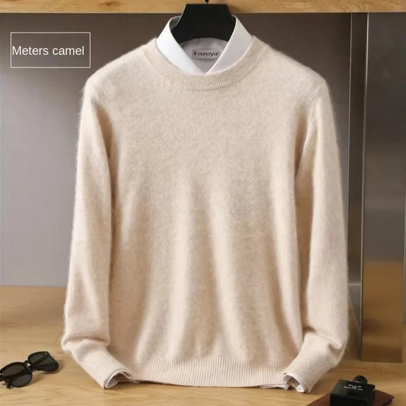 Men's 100% Pure Mink Cashmere Sweater O-Neck Pullovers Knit Large Size Mink Sweater Winter New Long Sleeve High-End Jumpers Tops