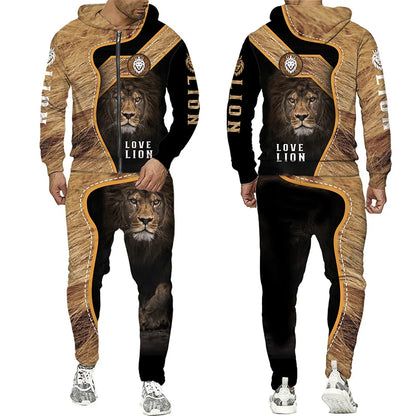 Spring and Autumn Men's Tracksuit 3D The Lion Print Zipper Hoodies Sweatshirts Pants Sets Casual Mens Clothing Women's Tracksuit