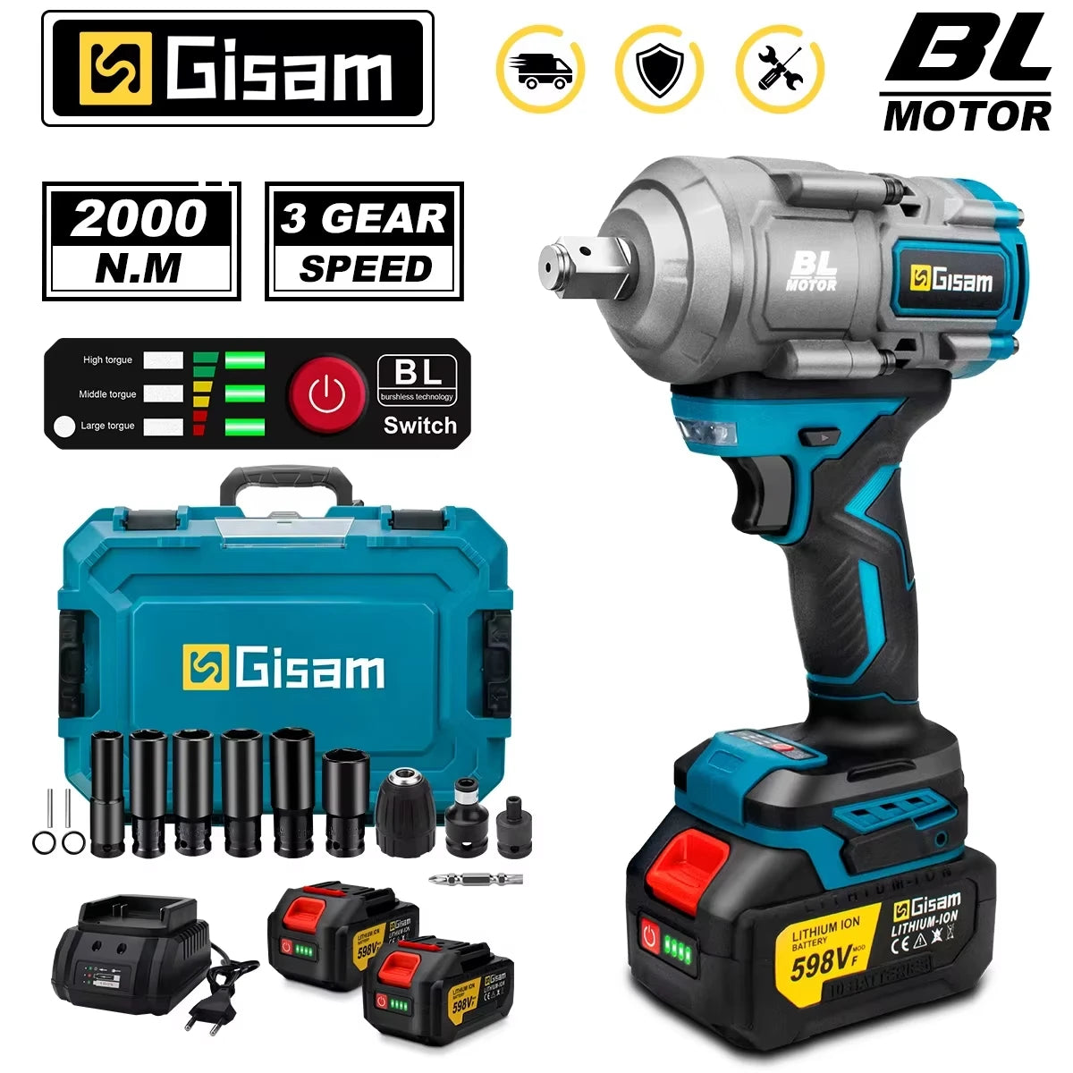Gisam 2000N.M Torque Brushless Electric Impact Wrench 1/2 inch Screwdriver Cordless Wrench Power Tool For Makita 18V Battery Pin