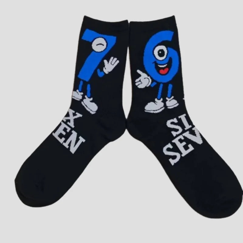 Cross Border New Arrival 67 Cartoon Number Socks Funny Letter Mens Mid Calf Socks
