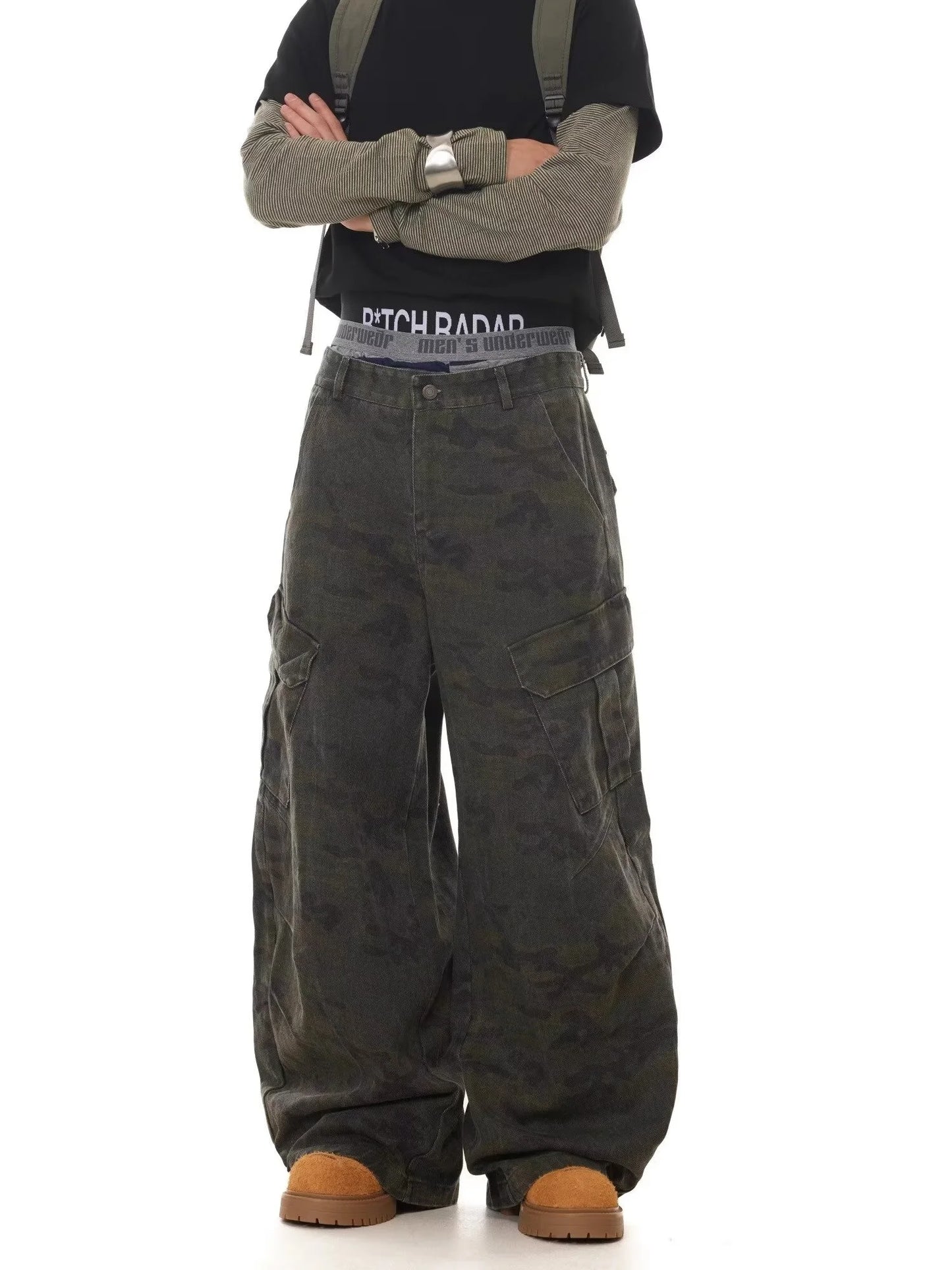 American Retro Multi-pocket Camouflage Silhouette Scimitar Jeans Niche Baggy Wide-leg Sickle Casual Pants Hoodies Men's Clothing
