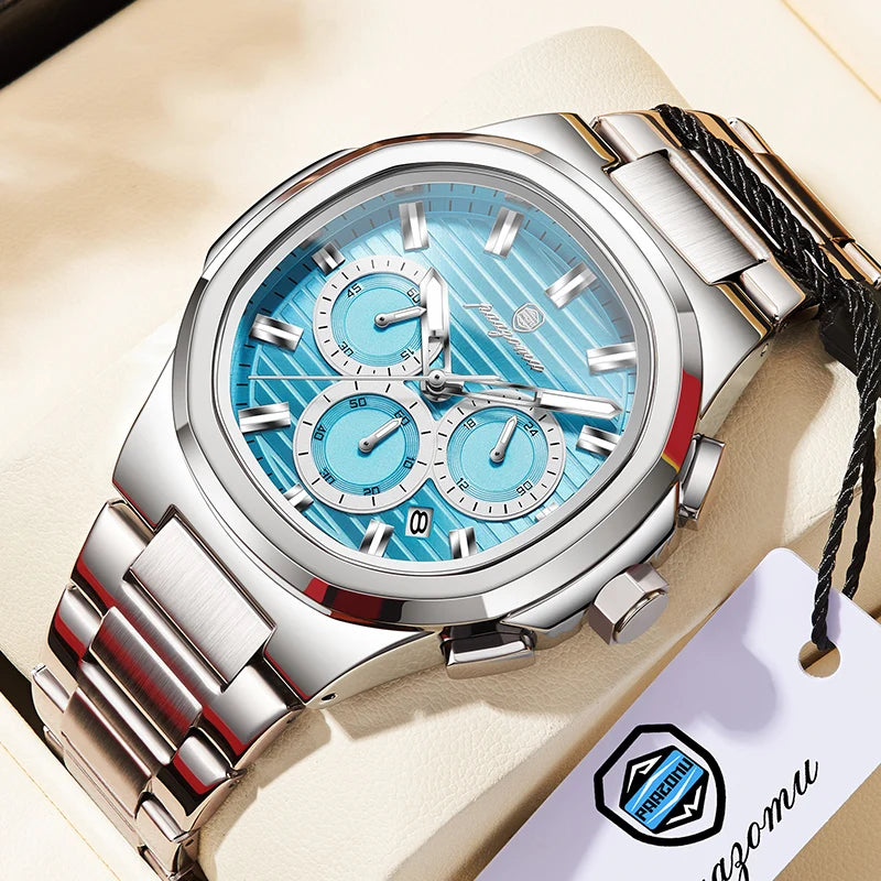 PAAZOMU Fashion Brand Man Wristwatch Waterproof Stainless Steel Luminous Men Watch Chronograph Date Luxury Quartz Men's Watches