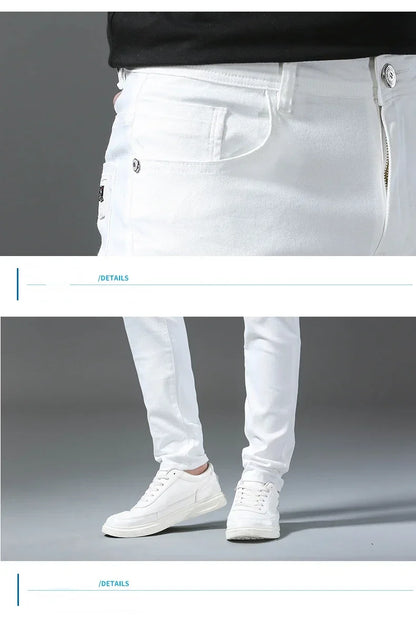 2026 Spring New Men Slim Jeans 98% Cotton White Stretch Straight Casual Fashion Pencil Pants High Quality Trousers Male Clothes