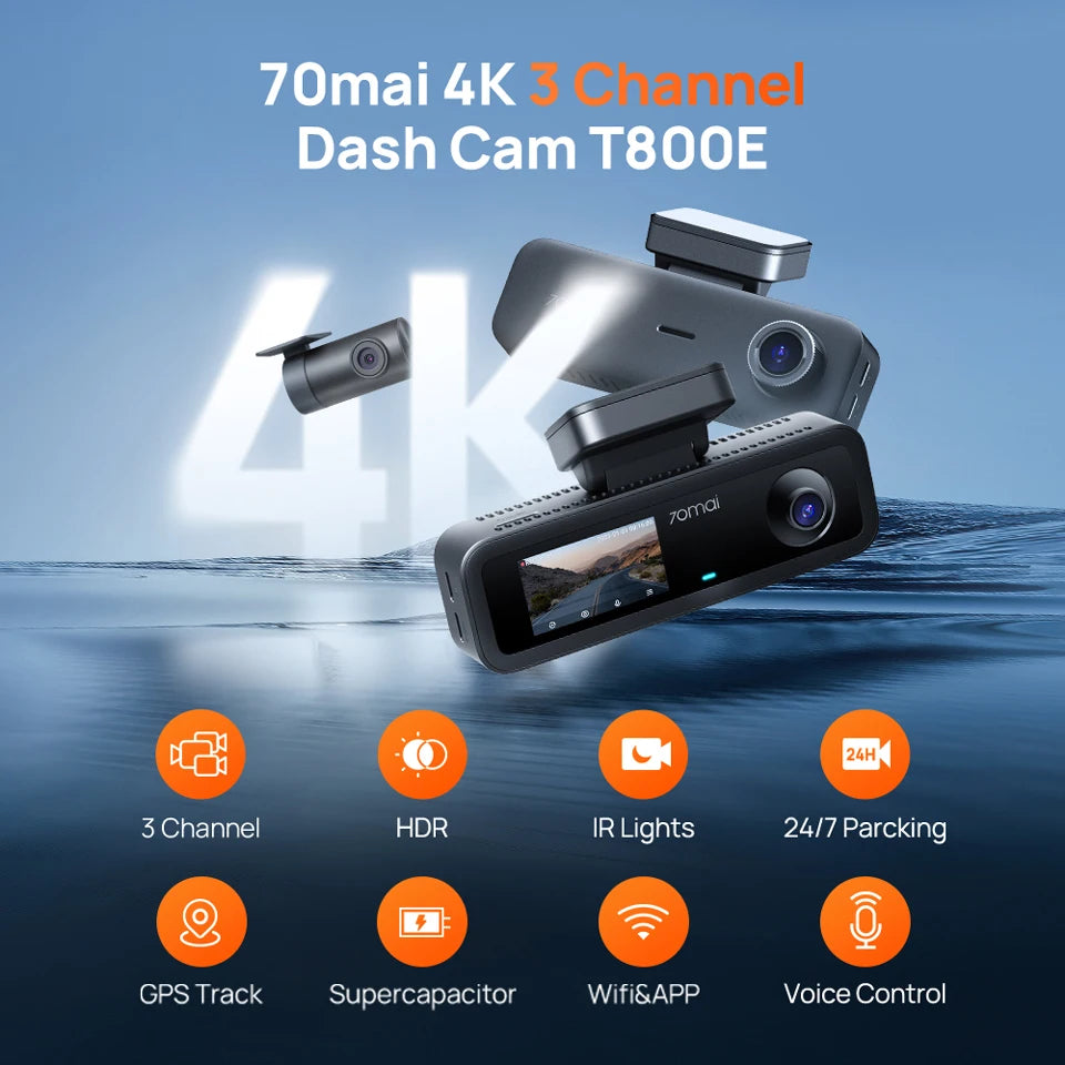 70Mai T800E 3-Channel Dash Cam Front 4K + Rear 1080P + Interior 1080P Hdr Supercapacitor 24H Parking Gps Voice Control Wi-Fi6