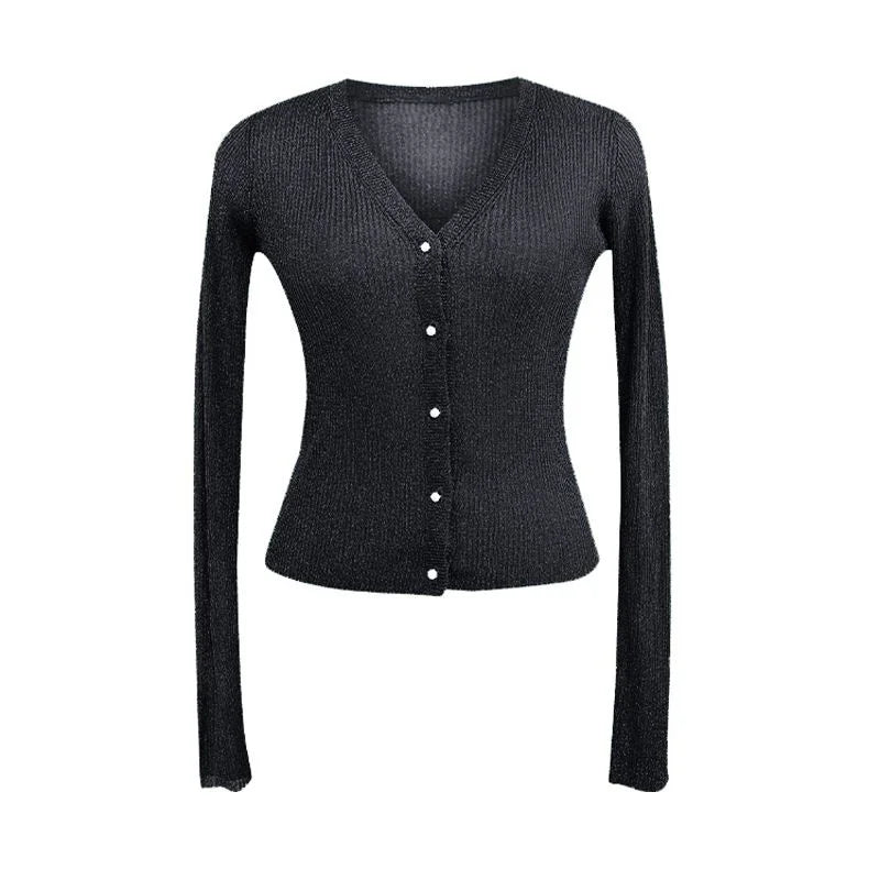 Women Shiny Gold Thread Spring Summer Ice Silk Knitted Cardigan Ribbed Pearl Button Sun Protection Top V-neck Ice Silk Knitwear