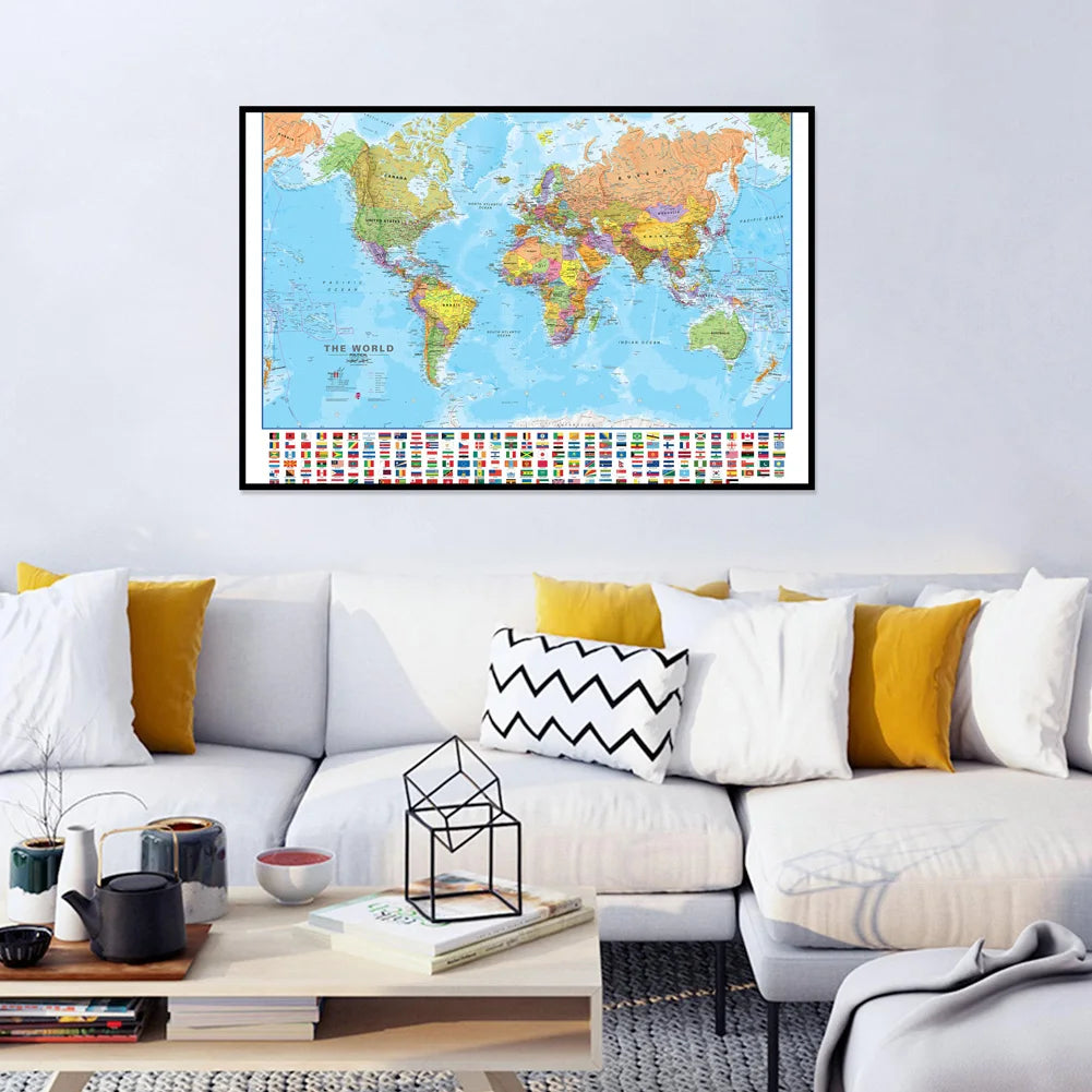 90*60cm World Map in English- Educational Map Canvas Painting Posters and Prints Wall Decoration for Office School Supplies