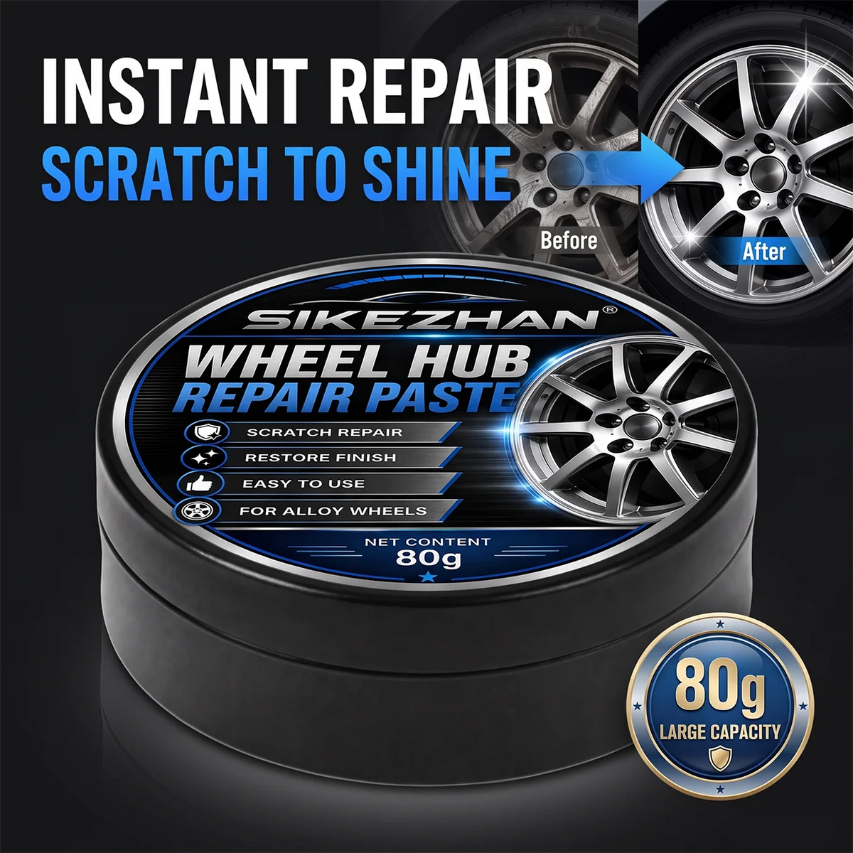Car Wheel Hub Repair Paste, Scratch & Oxidation Remover, Color Restorer & Polish Wax Cleaner for Alloy Chrome Rims & Tires (80g)