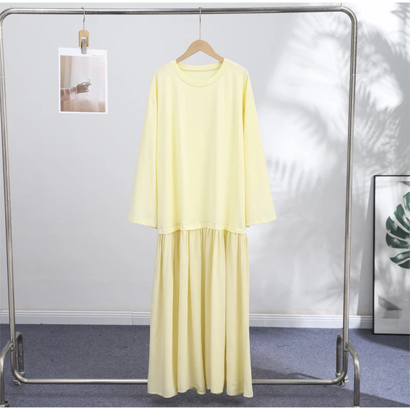 2026 Summer New Loose Patchwork Dresses Women's Pleated Fashion Short Sleeve O-neck Long Robes Female Elegant Casual Dress