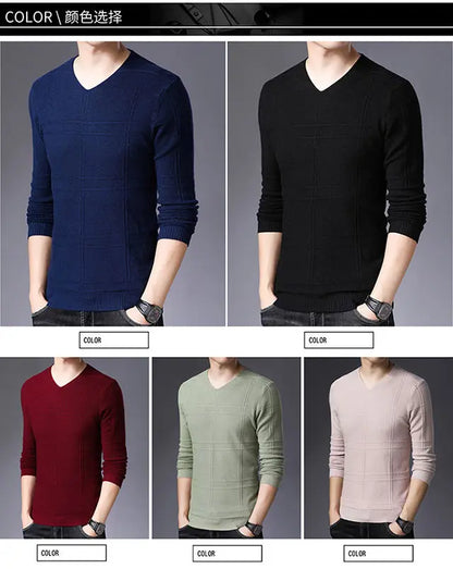 Autumn Winter New Men V-neck Pullover Sweaters Plaid Casual Korean Clothing Tees Fashion Slim Long Sleeve Bottoming Knitted Tops