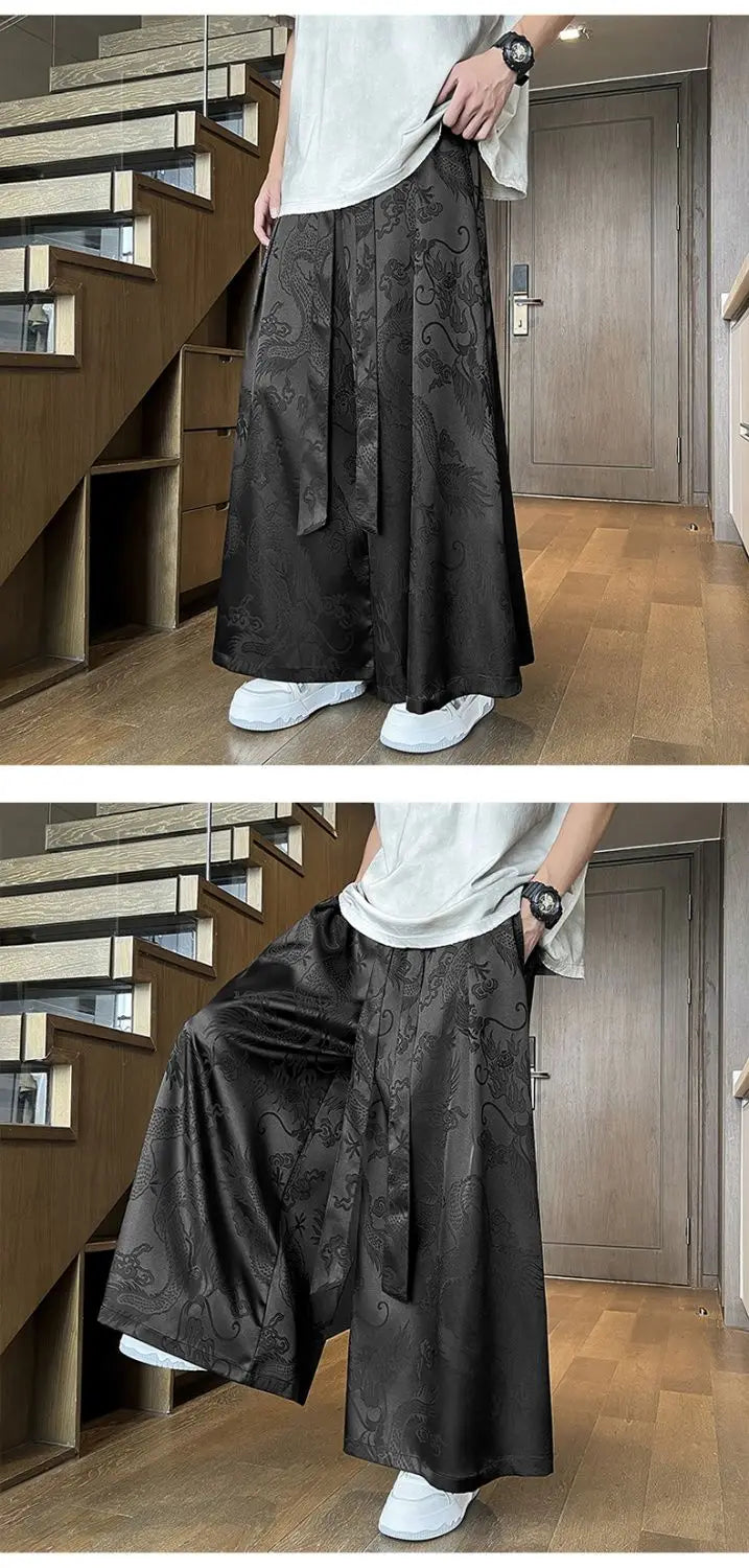 Men's Black Dragon Jacquard Wide-Leg Pants - New Chinese Style Satin Belted Trousers
