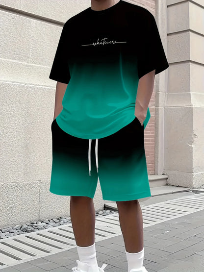 Summer Gradient Color Athletic T-Shirt and Shorts Set Stylish Men's Quick-Dry Athletic Short-Sleeve Top with Drawstring Shorts