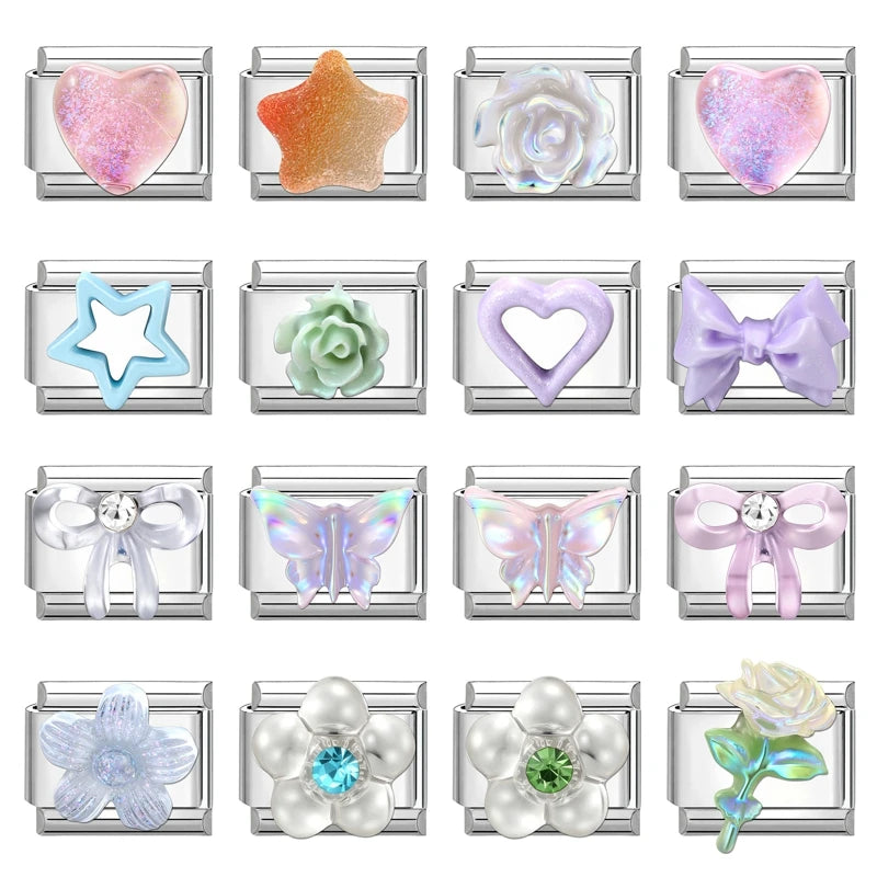 Y2K Butterfly Bow Knot Heart Star Moon Zircon Daisy Cross Italian Charm Links Fit 9mm Stainless Steel Bracelet DIY Making Gifts