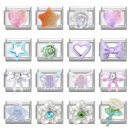 Y2K Butterfly Bow Knot Heart Star Moon Zircon Daisy Cross Italian Charm Links Fit 9mm Stainless Steel Bracelet DIY Making Gifts
