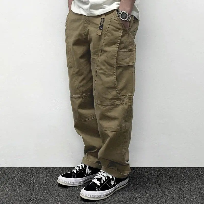 Autumn Men's Pants Multi-Pocket Cargo Pants Retro Solid Color Simple Loose Button Elastic Strap Casual Pants