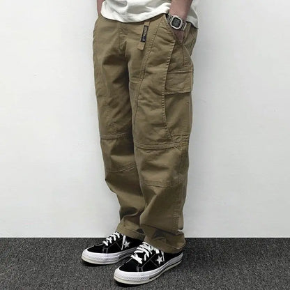 Autumn Men's Pants Multi-Pocket Cargo Pants Retro Solid Color Simple Loose Button Elastic Strap Casual Pants