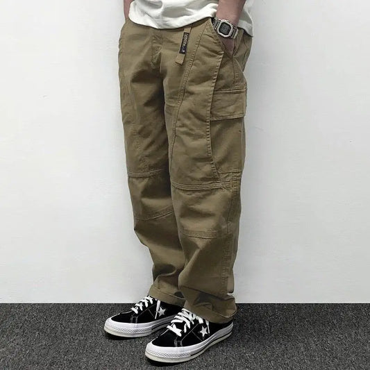 Autumn Men's Pants Multi-Pocket Cargo Pants Retro Solid Color Simple Loose Button Elastic Strap Casual Pants