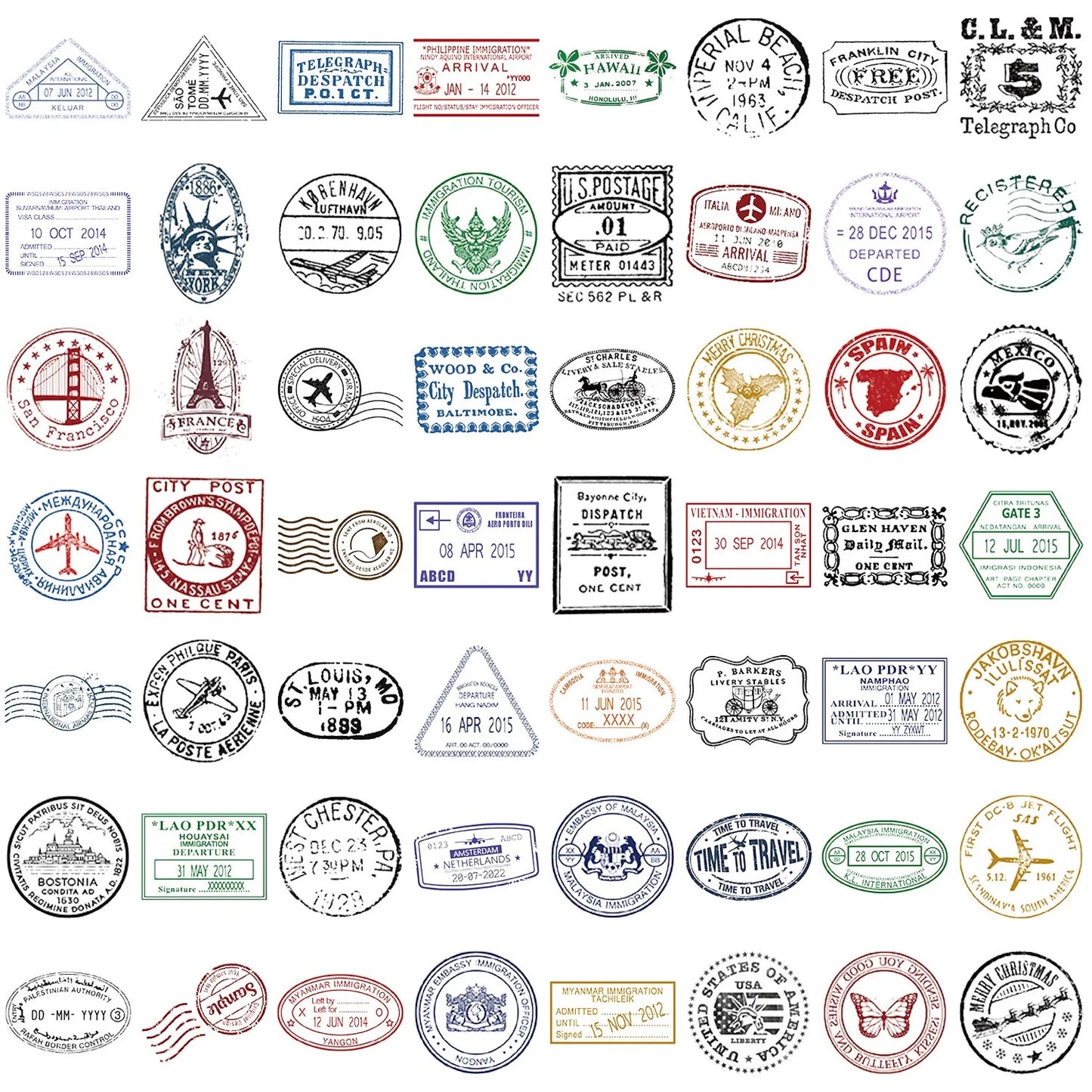 10/60PCS Vintage Passport Stamps Transparent Stickers Travel Decals For Phone Notebook Luggage Skateboard Guitar DIY Sticker Toy