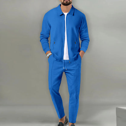 Autumn Winter Men's Casual Blazer Set New Fashion Waffle Baseball Suit Round Neck Pocket Zipper Long Sleeve Trousers Two-Piece S